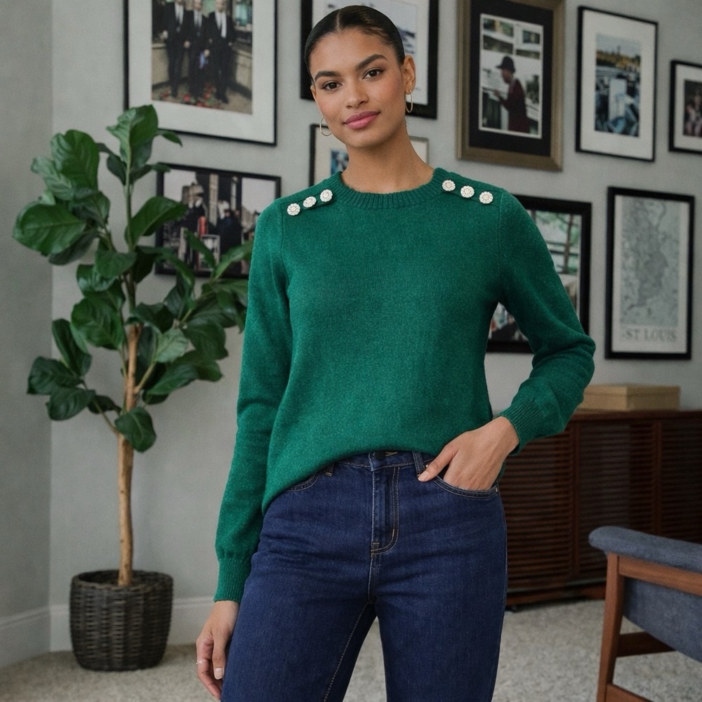 Classic Casual PS Crewneck Sweater Embellished Shoulder Knit Green